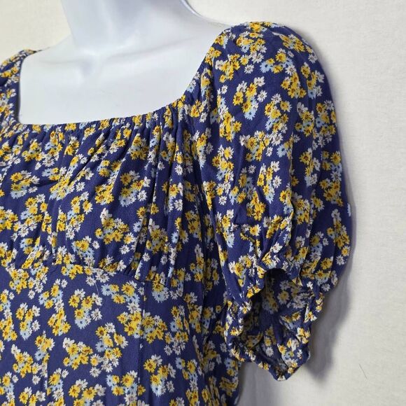 Forever 21 Blue Floral Puff Sleeve Cutout Dress L - Picture 4 of 11